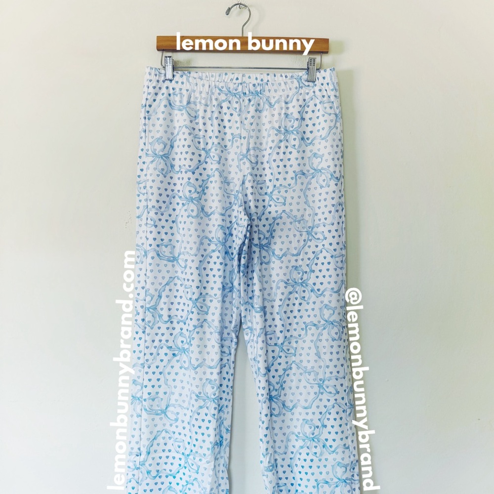 Roller Rabbit x LoveShackFancy Luna Bow Hearts Long Sleeve Polo Pajamas PaleBlue - Picture 7 of 15
